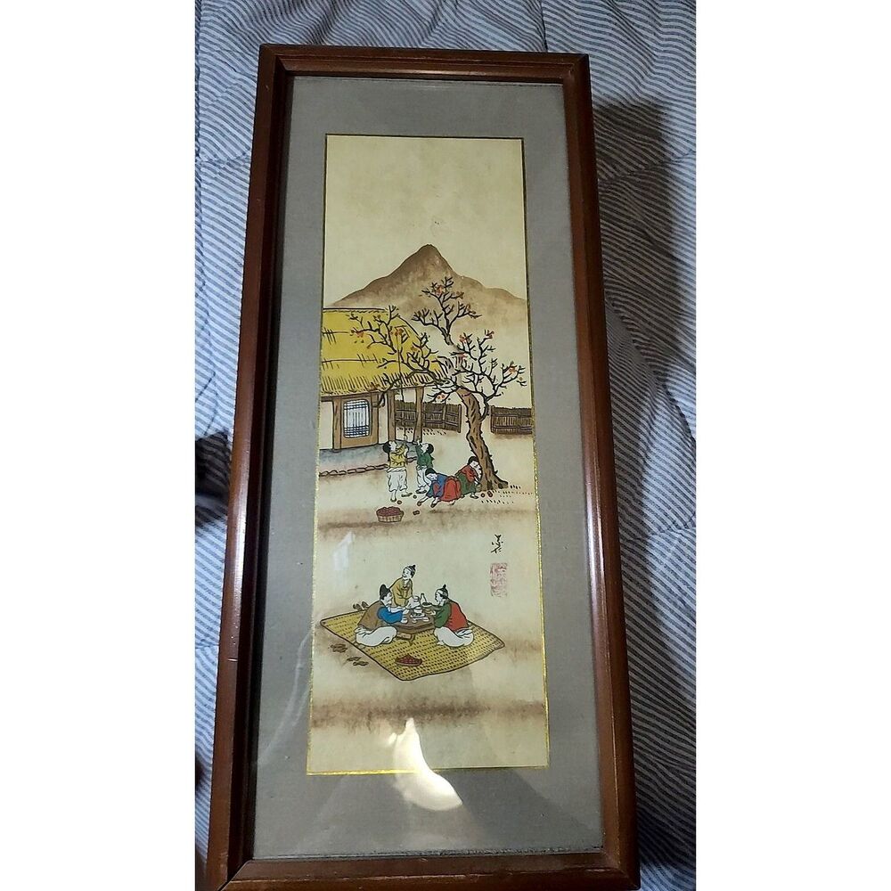 Framed Korean Folk Painting Pungsokhwa Persimmon Village Red Seal Signed Used